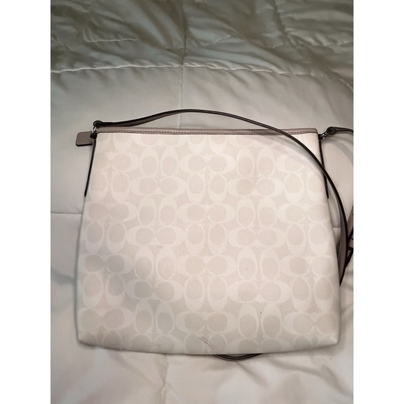 Coach Crossbody Bag Cream Canvas Stripe Logo Yellow Interior Pockets Zip Closure - Picture 5 of 7